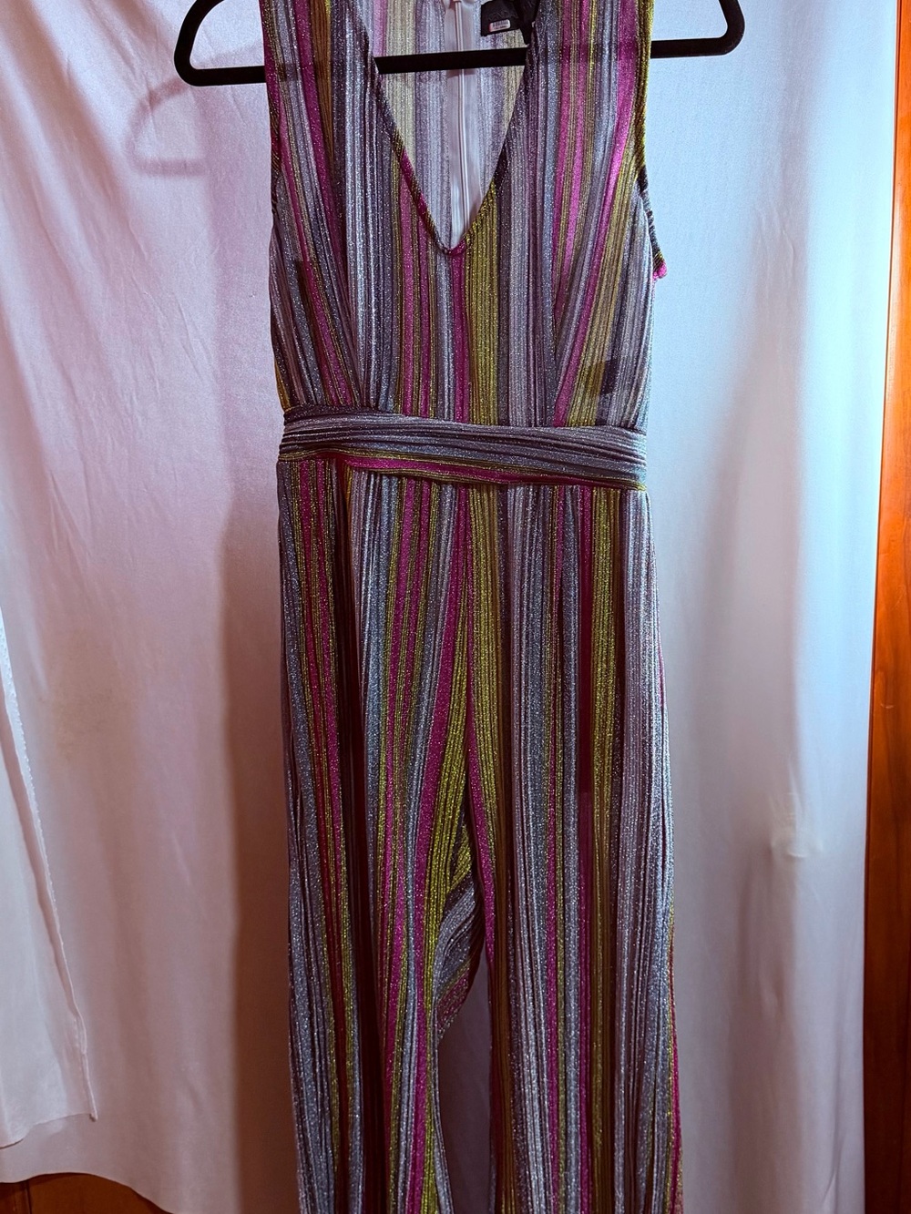 Kendall & Kylie Vertical Stripe V-Neck Jumpsuit in Pink, Green, Silver